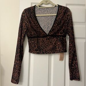 SHEIN Brown Leopard Long Sleeve V-Neck Top